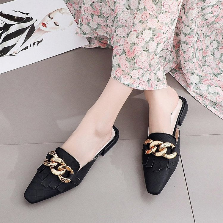Finn Chain Pointed Toe Mule Closed Toe Half Slippers Women's Summer Outer Wear Pointed Toe