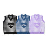 Men Sweater Love Embroidered Plaid Knitted Vest Men's Sweater Coat
