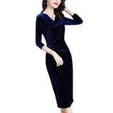 Blue Velvet Dress V-neck Long Sleeve Split Hip Velvet