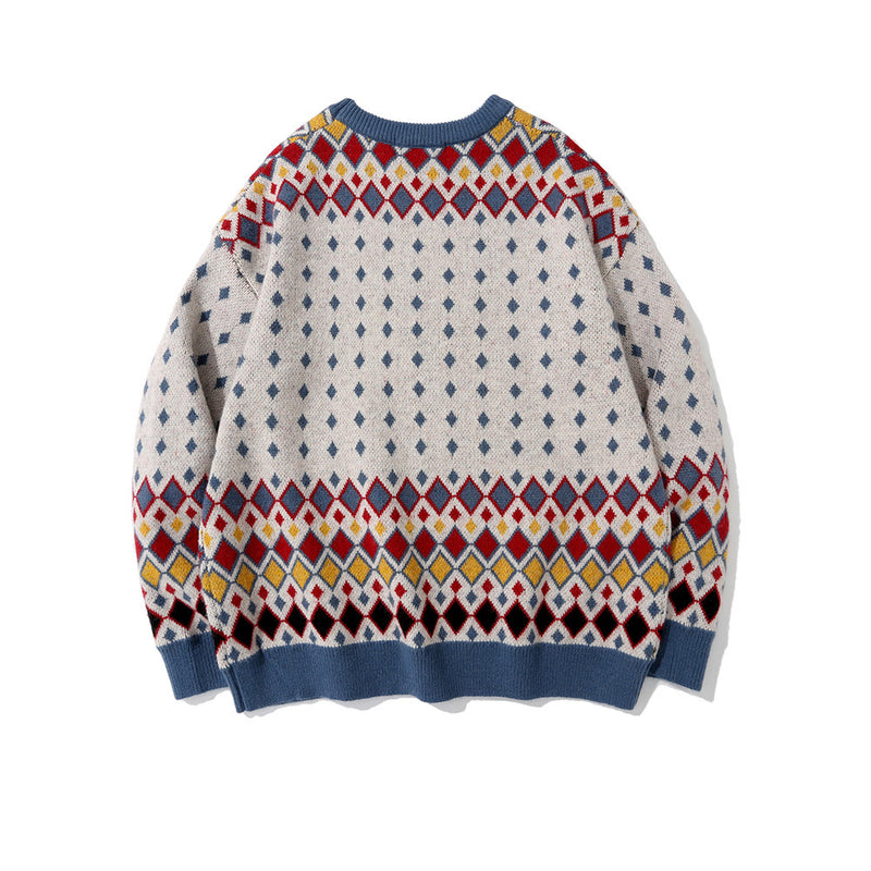 Men Sweater Color Block Rhombus Brocade Sweater Men's Long Sleeve Pullover
