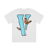 Vlone T Shirt Blue Butterfly Print Large V Short Sleeve T-Shirt Men And Women Loose Hip Hop Half Sleeve