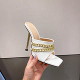 Finn Chain Pointed Toe Mule Metal Chain Square Toe Stiletto Heel Metal Heel Sandals