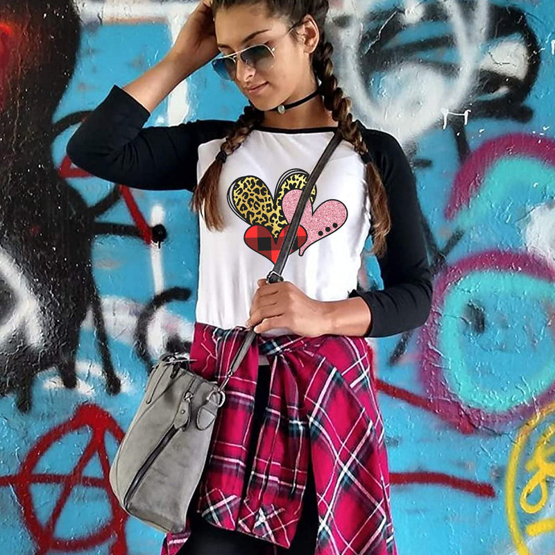 Valentine's Day T Shirts Couples Leopard Plaid Love Loose Long Sleeve T-shirt