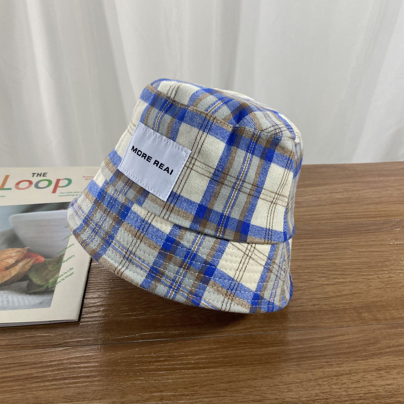 Vintage Check Bucket Hat Letter Plaid Patch