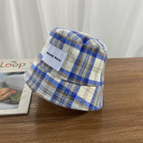 Vintage Check Bucket Hat Letter Plaid Patch
