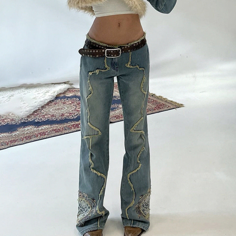 Julia Fox Low Rise Jeans Fashion Irregular Raw Hem Stitching Low Waist distress Embroidered Straight Jeans Casual Trousers