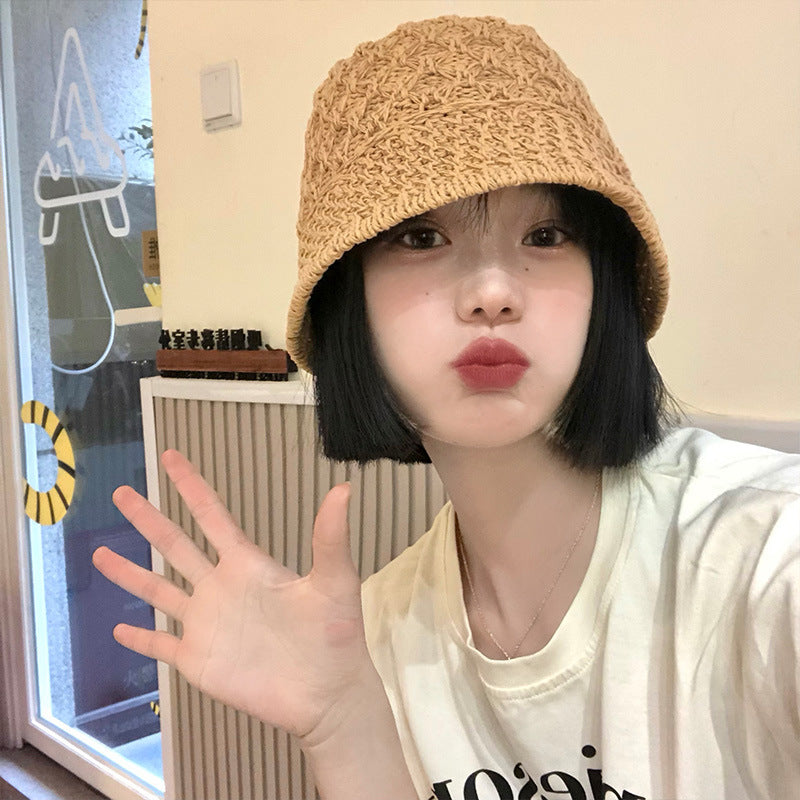 Women Bucket Hat Straw Hat Beach Sun-Proof Sun Protection Hollow out