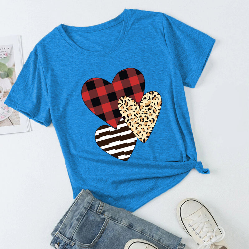 Valentine's Day T Shirts Couples Autumn Leopard Plaid Pullover Short Sleeve T-shirt