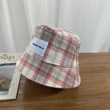 Vintage Check Bucket Hat Letter Plaid Patch