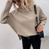 Women Pullover Knit Sweater Autumn Sweater Solid Color Polo Collar Split Sweater Women's Top