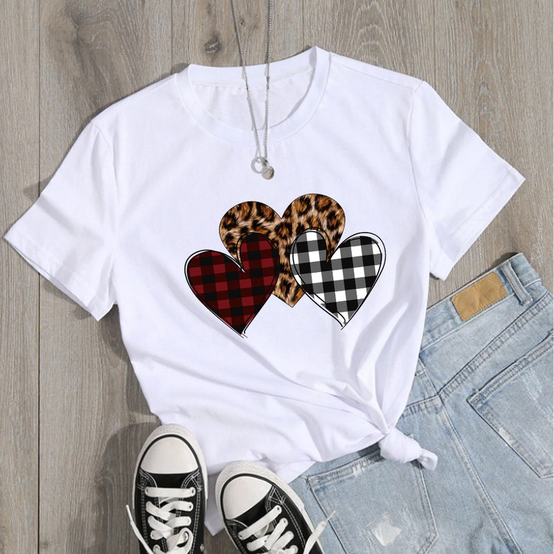 Valentine's Day T Shirts Couples Color Leopard Print Heart Printing Pullover Short Sleeve T-shirt