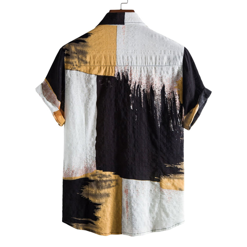 Camp Collar Shirt Floral Color Matching Cardigan Short Sleeve