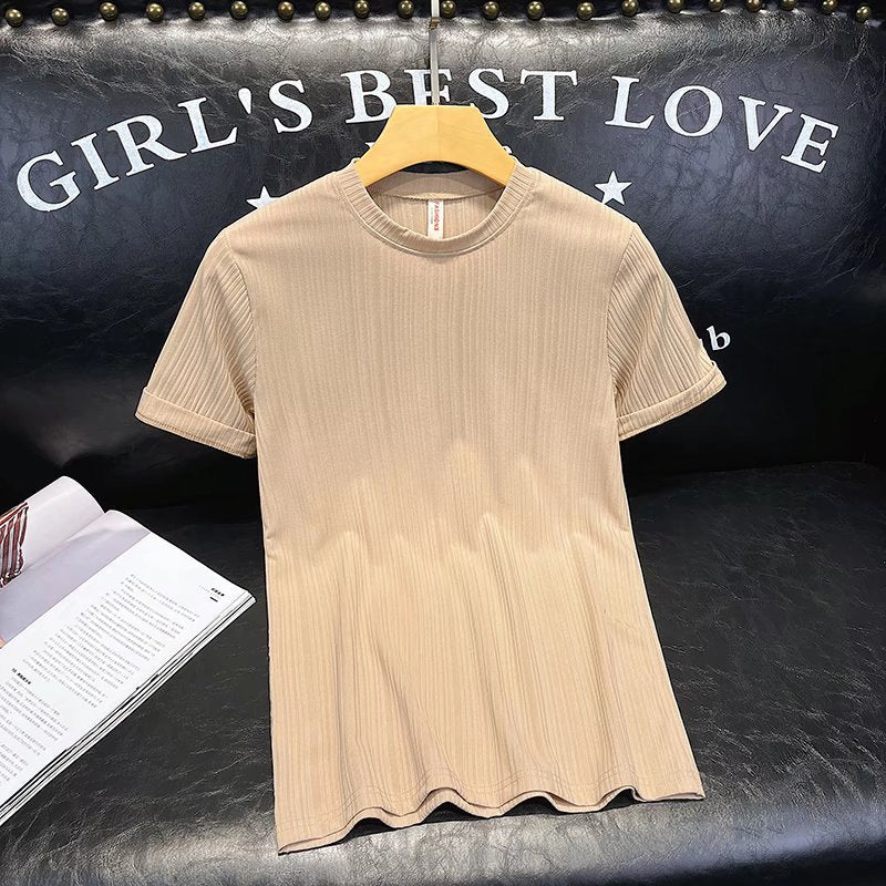 Men T-Shirts Vertical Stripes Solid Color round Neck Ice Silk