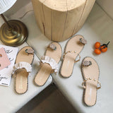 Women Open Toe Sandals Flats Pineapple Summer Pearl Rivets Flat Toe Ring Slippers