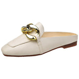 Finn Chain Pointed Toe Mule Closed Toe Half Slippers Women's Summer Square Toe Metal Buckle Low Heel Slippers