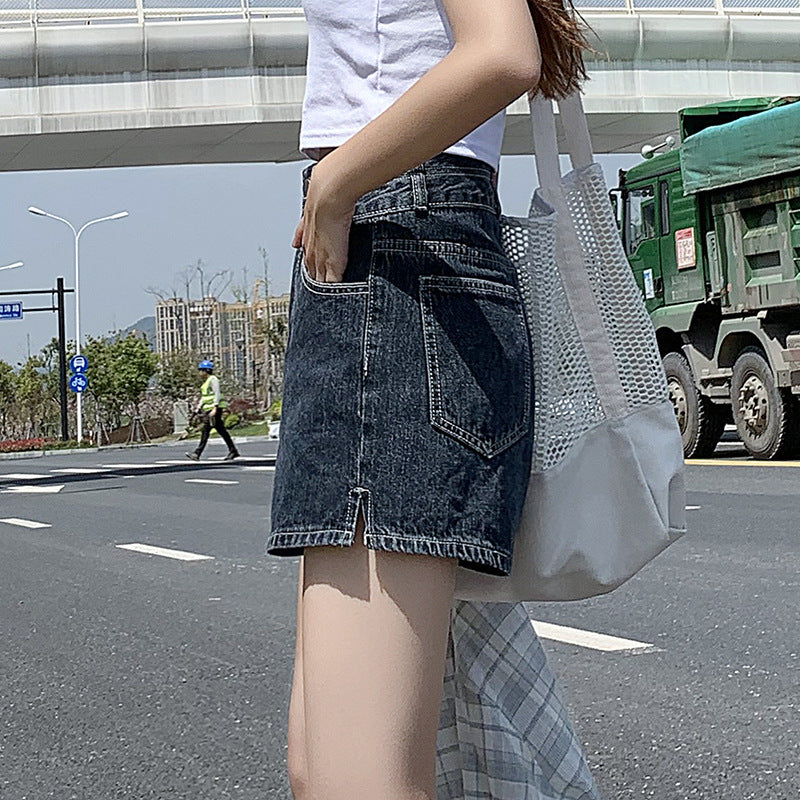 High Waisted Shorts Summer Denim Shorts Double Buckle Straight-Leg Pants