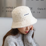 Women Bucket Hat Lamb Wool Bucket Hat Warm Letters