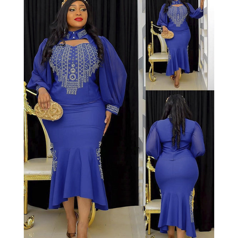 African Dashiki Dress Large Size Suit Hot Drilling Two-Piece Suit