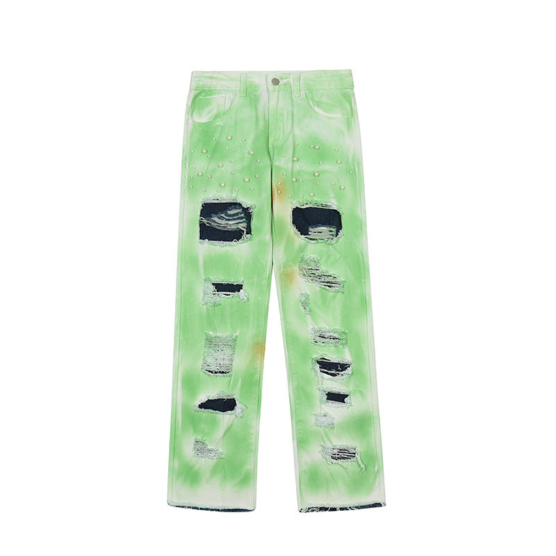 Man Fall Outfits Loose Straight Pearl Tie-Dyed Ripped Fashion Brand Wide-Leg Pants Tide