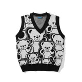 Men Sweater Cartoon Bear Jacquard Knitted Vest Outer Wear Men's Loose V-neck