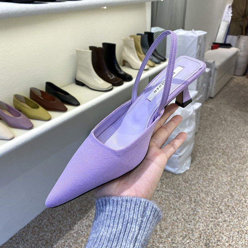 Nude Low Block Heel Pointed Toe Shallow Mouth Back Strap Thin Mid Heel