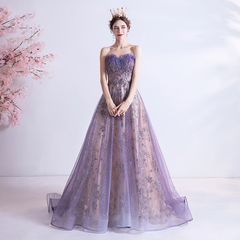 Mauve Dress Bridesmaid Autumn Sexy Tube Top Purple Sequins Starry Skirt Wedding