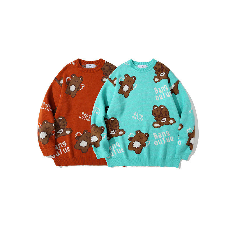 Man Fall Outfits Cartoon Bear Pattern Sweater Men's Loose Couple Pullover Casual Sweater