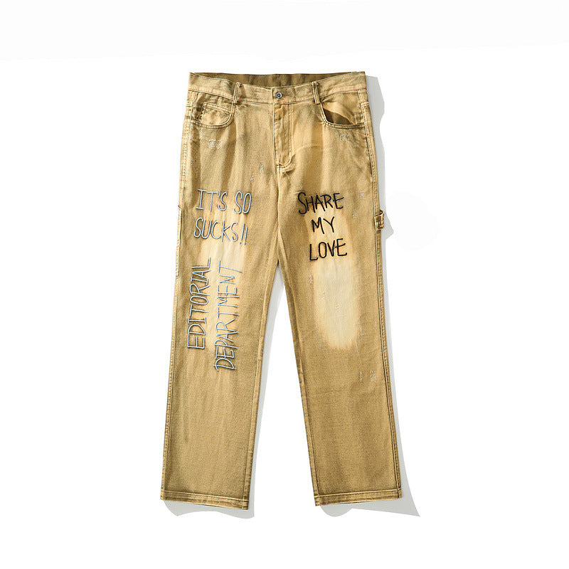 Man Fall Outfits Embroidered Ripped Jeans Fashion Brand Loose Straight
