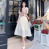 Regency Dress Tulip Vintage Court Style Floral Patchwork Waist-Slimming