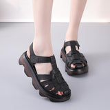 Highway Flat Sandals Summer Sandals Muffin Bottom Velcro Hand-Woven Genuine Leather Roman Shoes