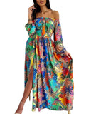 Long Homecoming Dresses Printed Dress V-neck Pullover Vintage Long Sleeve Big Hem