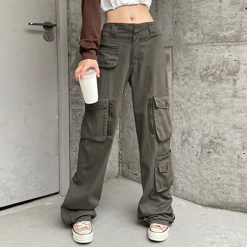 Julia Fox Low Rise Jeans Rock Style Cool Handsome Overalls Retro Multi-Pocket Straight Slimming Jeans