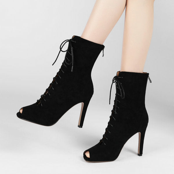 Nude Strappy Heels Stiletto Heel Mid-Calf Sandal Boots Peep Toe Sandals Roman Women's Shoes