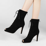 Nude Strappy Heels Stiletto Heel Mid-Calf Sandal Boots Peep Toe Sandals Roman Women's Shoes