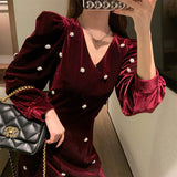 Long Sleeve Burgundy Dress Formal Red Temperament Midi Dress Pleuche Dress