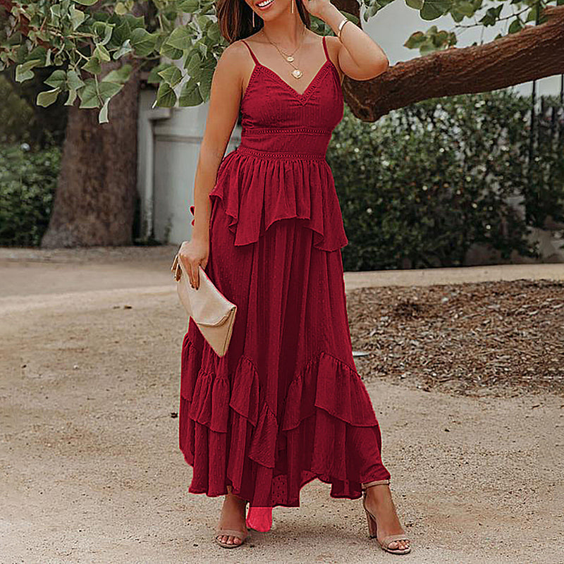 Burgundy Dress Formal Summer Women's Clothing V-neck Stitching Irregular Swing Dress