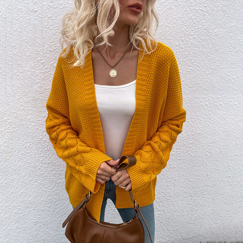 Women Cardigan Knit Sweater Autumn and Winter Solid Color Hollow out Sweater Women