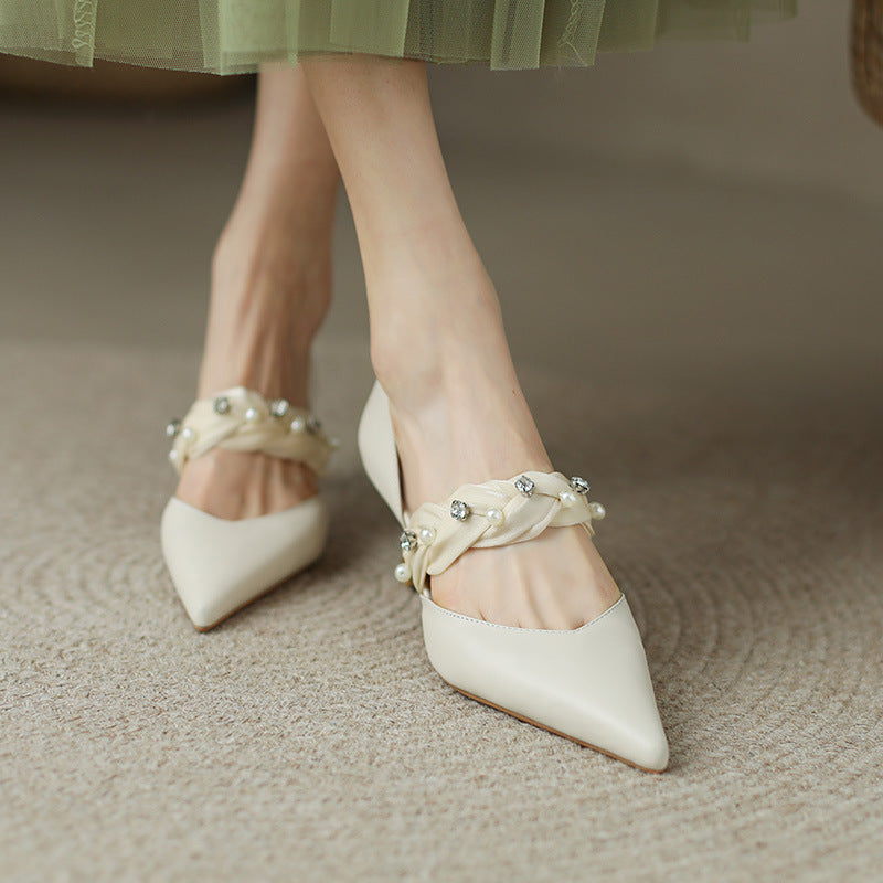 Nude Low Block Heel Pearl Closed Toe Sandals Pointed-Toe Hollowed Pumps