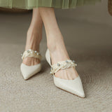 Nude Low Block Heel Pearl Closed Toe Sandals Pointed-Toe Hollowed Pumps