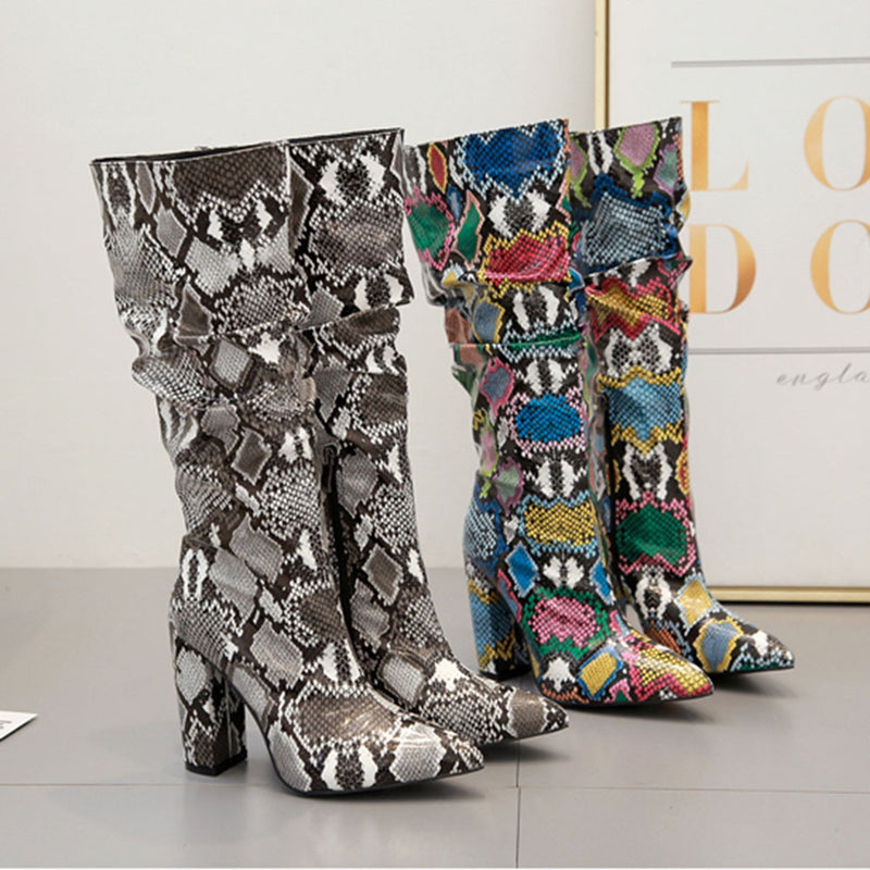 Python Boots High Heels Women's Autumn and Winter Large Size Snake Pattern