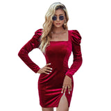 Long Sleeve Burgundy Dress Formal Autumn and Winter Elegant Velvet Long Sleeves Dress Line Skirt Women