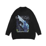 Men Sweater Cartoon Devil Print Knitwear Men's Street Trend Loose round Neck Sweater