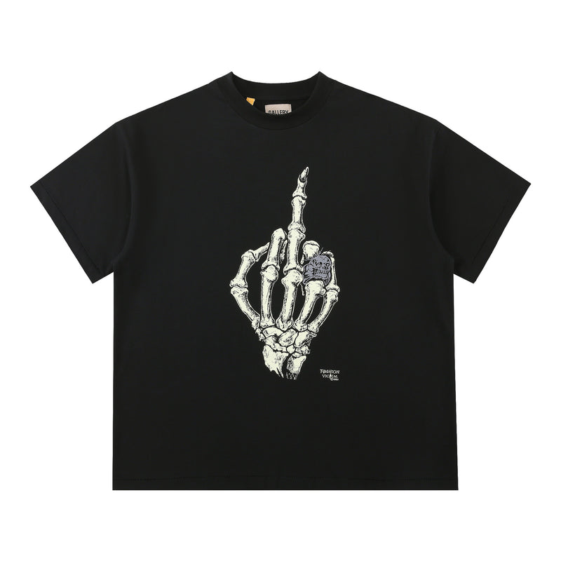 Skull Apparel Gilding Letters Skull Bone Ring Printed round Neck Loose T-shirt