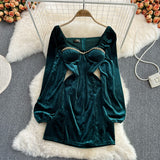 Blue Velvet Dress Square Collar Pleated Velvet Split Sheath