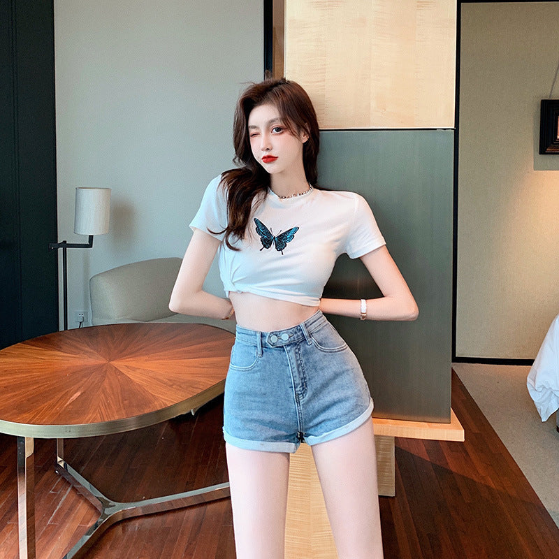 Women Jean Shorts Denim Shorts Women's High Waist Slimming Loose Elastic Wide Leg