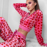 Velour Tracksuit Autumn Heart Printing Lapel Navel Zipper Hooded Jacket Sweatpants Velvet Sports Suit