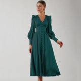 Taffeta Dress Satin Dress Lantern Sleeve Waist-Tight Elegant Slim-Fit Dress