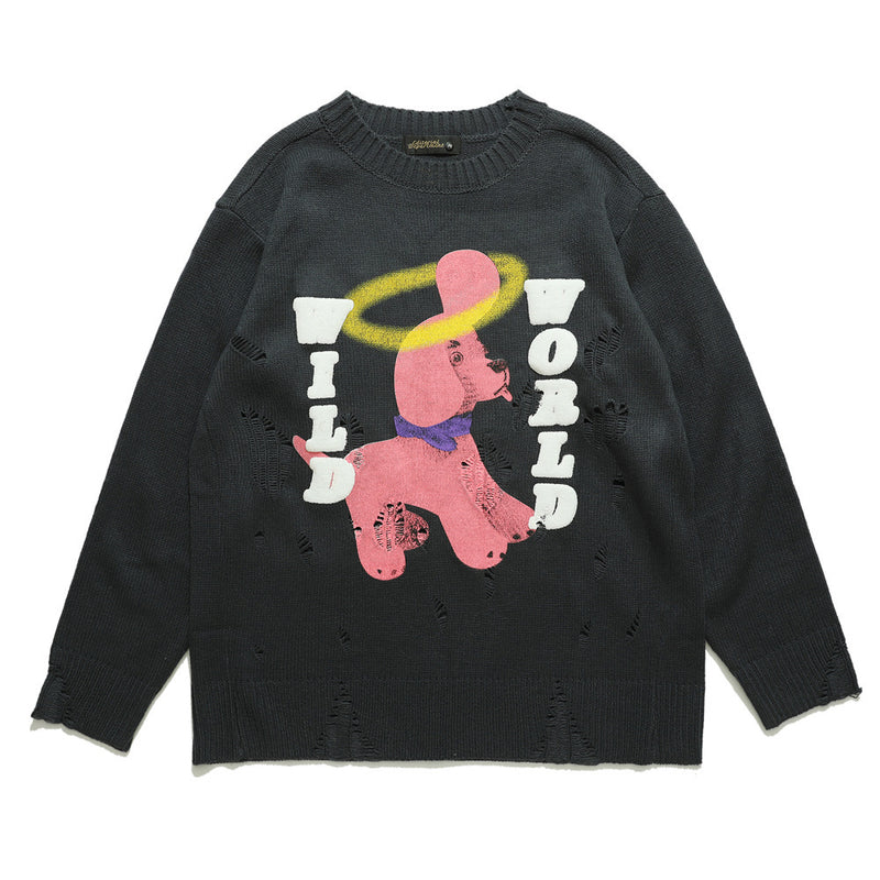 Men Sweater Cartoon Print Ripped Sweater Men's Loose round Neck Knitted