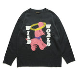 Men Sweater Cartoon Print Ripped Sweater Men's Loose round Neck Knitted