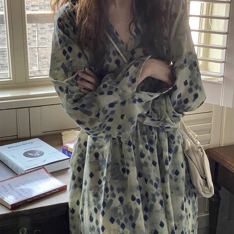 Emerald Green Dress V-neck Tight Waist Long Floral